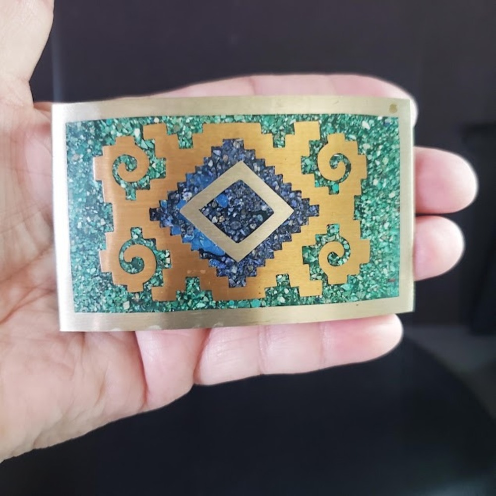 Vintage Alpaca Mexico Belt Buckle Blue Stone Chip Inlay Artisan Western Tribal